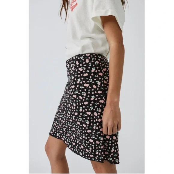 FREE PEOPLE Floral Midi Skirt Black Mint Green Soft Pink - Picture 7 of 15
